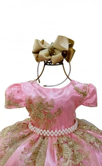 Vestido Infantil Rosa Com Renda Realeza Metalizada Daminha