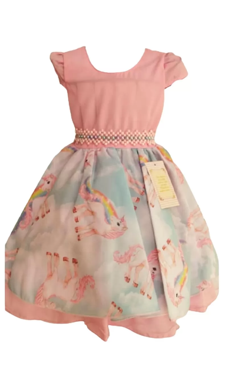 Vestido Infantil Luxo tema Unicornio Rosa